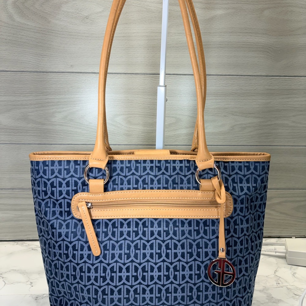 Giani Bernini Blue Pattern Tote Bag with Tan Trim